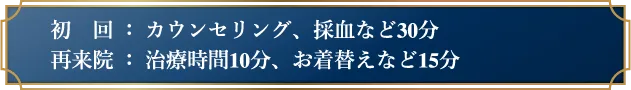 初回：カウンセリング、採血など30分　再来院：治療時間10分、お着替えなど15分