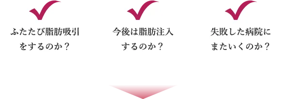 ふたたび脂肪吸引をするのか？ 今後は脂肪注入するのか？ 失敗した病院にまたいくのか？